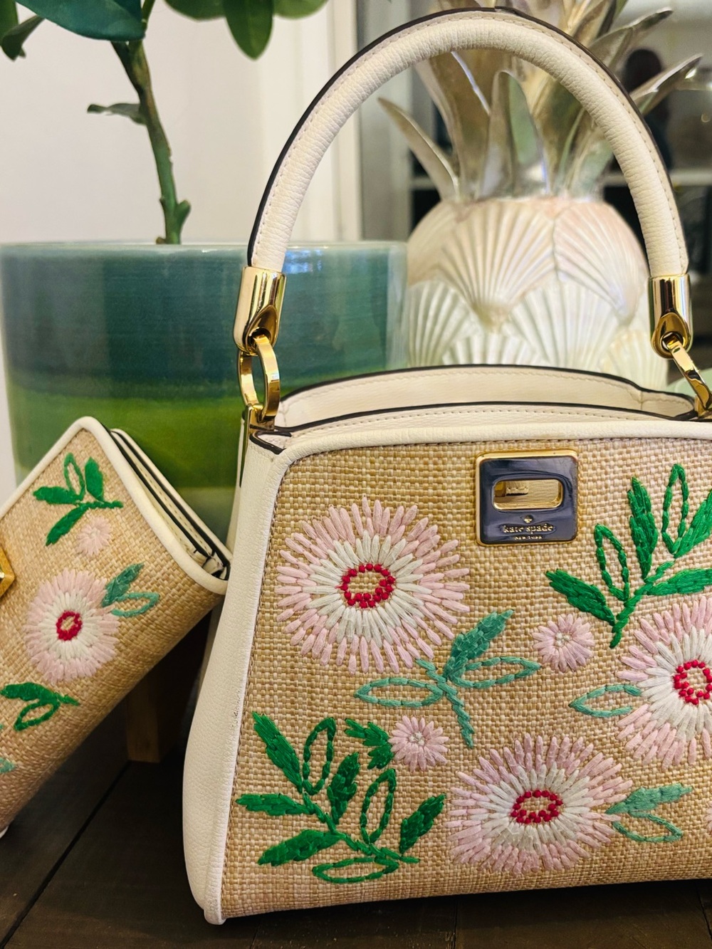 Kate Spade Hand Stitched Flower, Top-Handle Satchel in Cream, Purse & Wallet Set